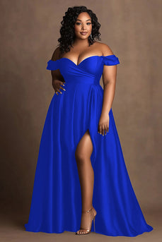 Plus Size Red Satin Off the Shoulder Long Formal Dress with Slit