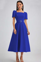 Load image into Gallery viewer, Dusty Rose A Line Satin Square Neck Midi Work Dress with Sleeves