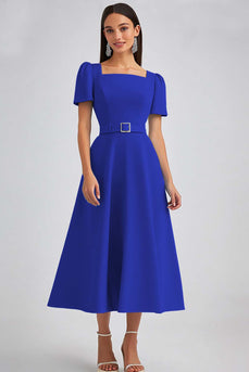 Dusty Rose A Line Satin Square Neck Midi Work Dress with Sleeves