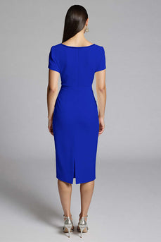 Royal Blue Bodycon Ruffled Satin Midi Work Dress