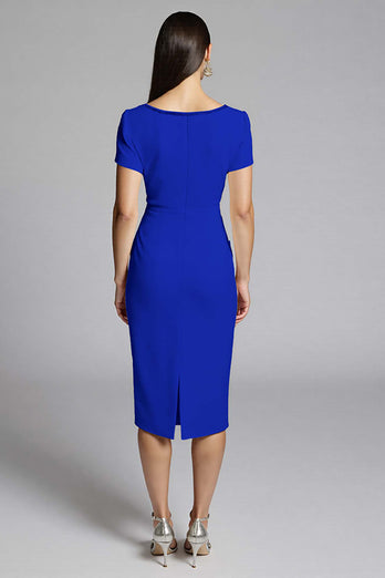 Royal Blue Bodycon Ruffled Satin Midi Work Dress