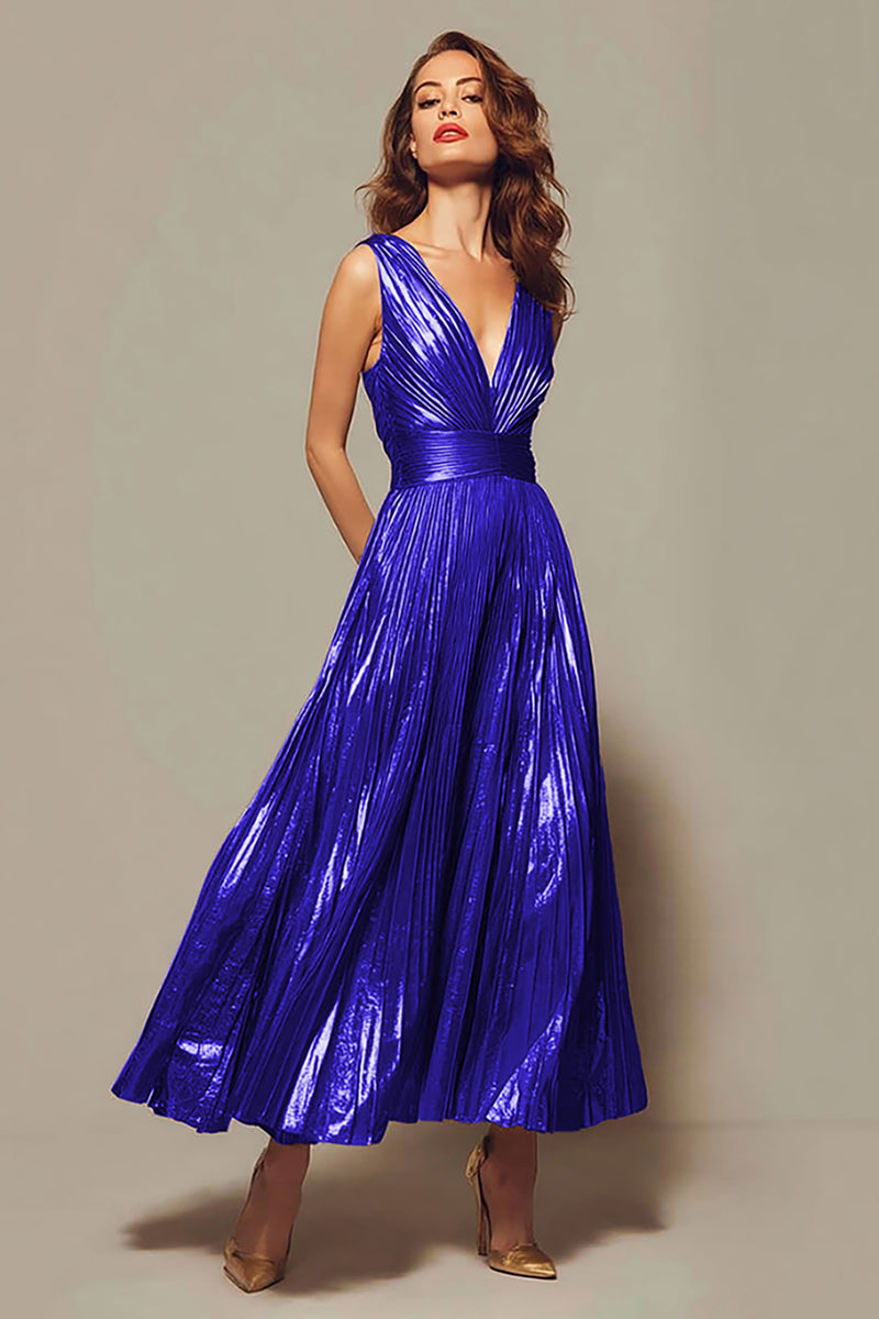 Load image into Gallery viewer, Queendancer Women Sparkly Tahiti Metallic Long Formal Dress Pleated V-Neck A-Line Ankle Length Holiday Party Dress