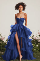 Load image into Gallery viewer, Queendancer Women Green Chiffon Long Formal Dress with Slit Strapless Tiered Sweetheart Ruched Prom Dress with Ruffles