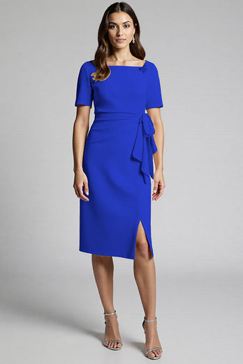 Dusty Blue Bodycon Midi Satin Work Dress with Slit