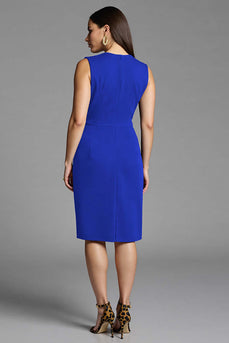 Royal Blue Satin Bodycon V-Neck Midi Work Dress with Ruffles