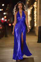Load image into Gallery viewer, Sparkly Gold Halter Sheath Metallic Ruched Long Formal Dress with Slit