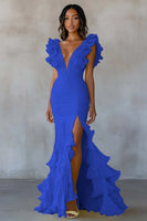 Load image into Gallery viewer, Dusty Blue Ruffled Mermaid Chiffon Long Formal Dress with Slit