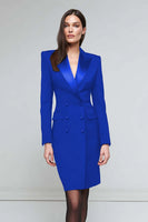 Load image into Gallery viewer, Black Peak Lapel Satin Pencil Double Breasted Midi Blazer Dress with Sleeves
