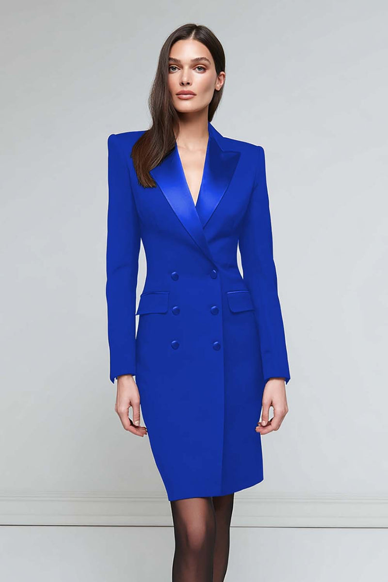 Queendancer Women Black Satin Pencil Midi Blazer Dress Long Sleeves Peak Lapel Double Breasted Work Dress – queendancer