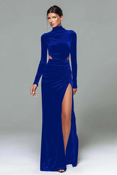 Plum Velvet High Neck Cut Out Long Holiday Party Dress with Slit
