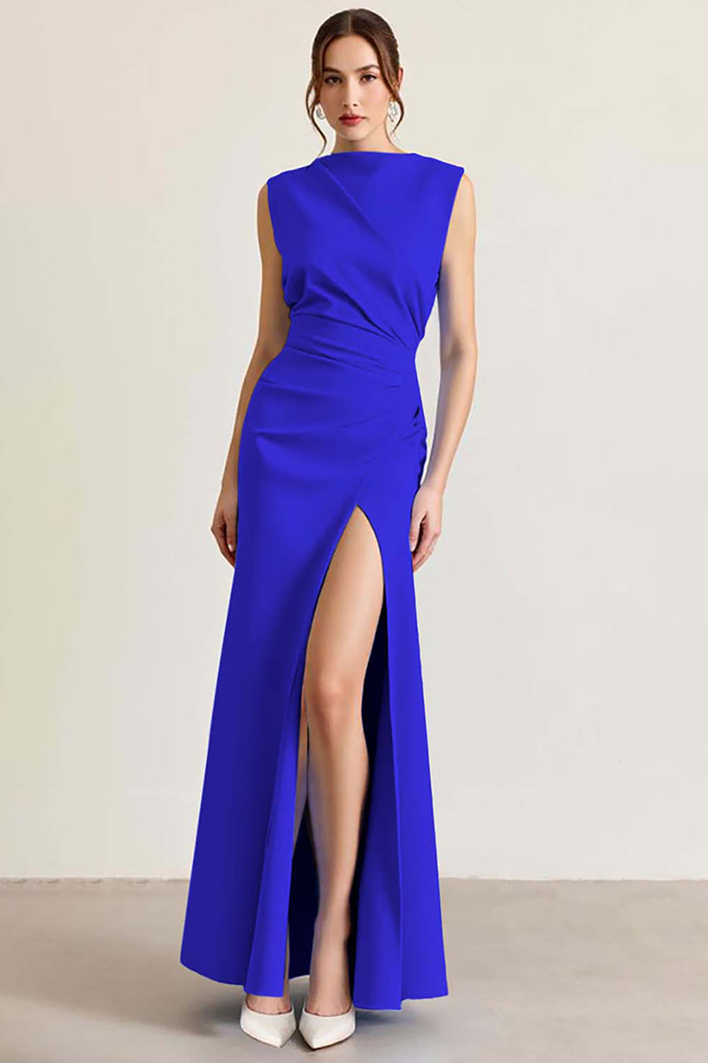 Load image into Gallery viewer, Queendancer Women Dusty Rose Sheath Long Formal Dress with Slit Sleeveless Ruched Prom Dress
