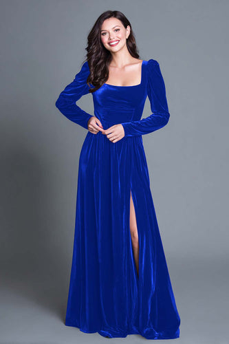 Royal Blue Square Neck Velvet Long Sleeves Holiday Party Dress with Slit