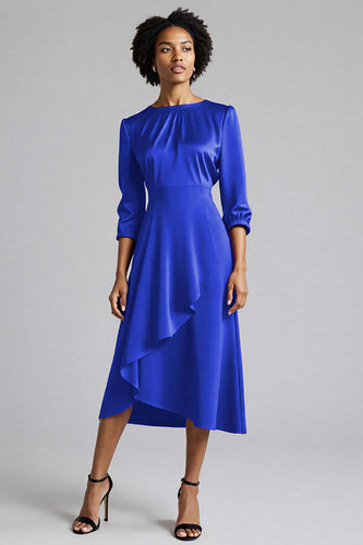 Royal Blue Satin A Line Midi Work Dress with Sleeves