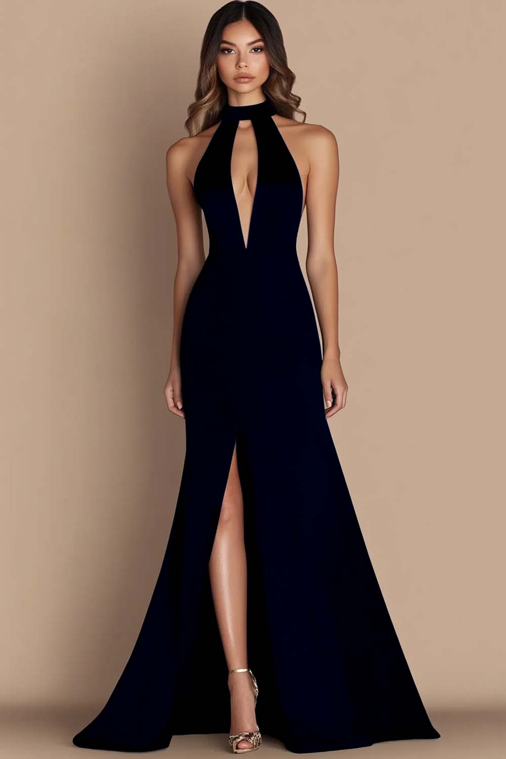 Royal Blue Simple Satin Keyhole Halter Long Formal Dress with Slit
