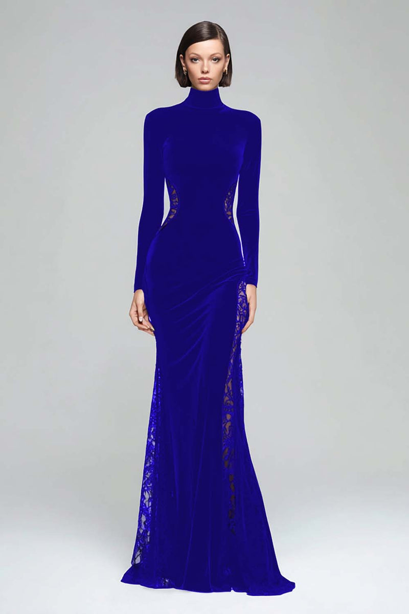 Black Velvet High Neck Mermaid Maxi Holiday Party Dress with Lace