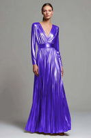 Load image into Gallery viewer, Sparkly Gold Metallic Pleated V-Neck A-Line Long Sleeves Formal Dress