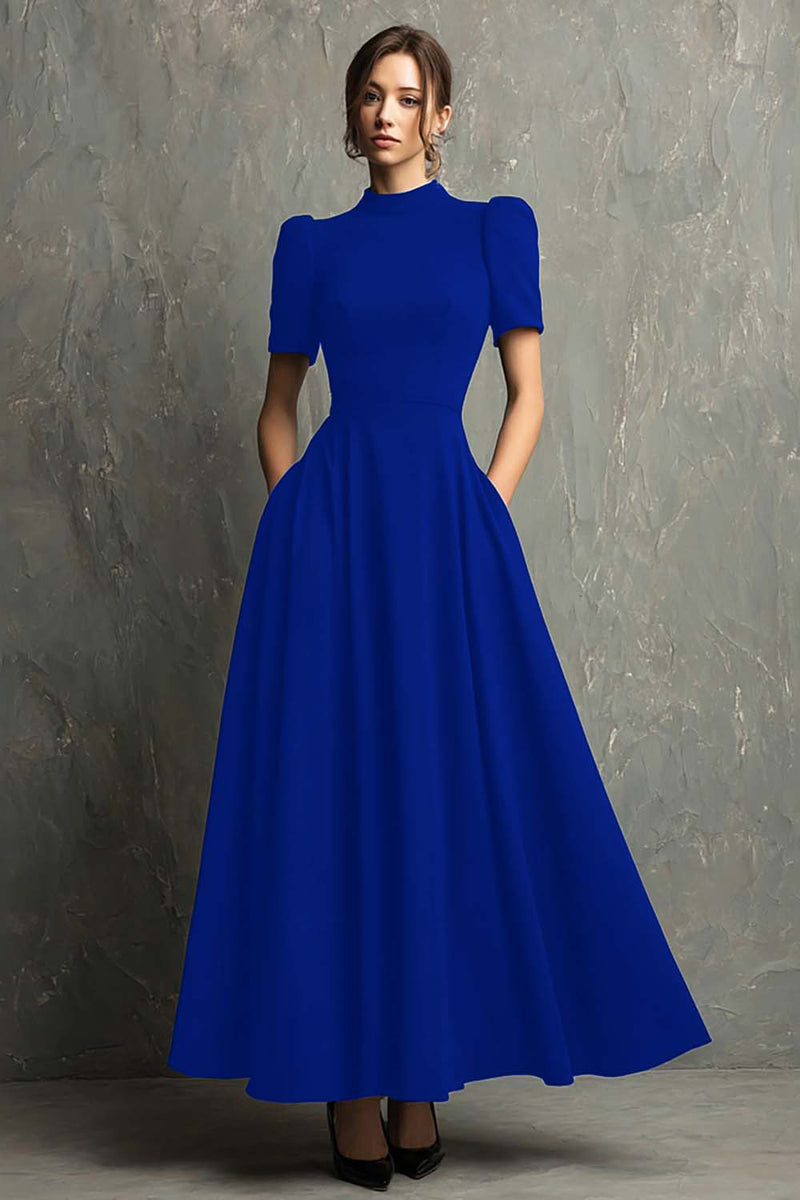 Load image into Gallery viewer, Elegant Black A-Line High Neck Short Sleeves Long Formal Dress with Pockets