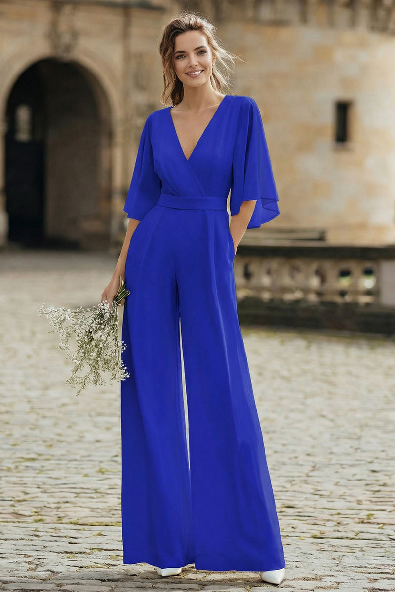 Load image into Gallery viewer, Ivory V-Neck Half Sleeves Long Wedding Jumpsuits with Pockets