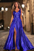 Load image into Gallery viewer, Sparkly Royal Blue Metallic V-Neck A-Line Pleated Long Formal Dress with Slit