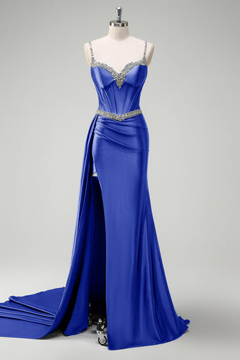Sparkly Purple Mermaid Spaghetti Straps Corset Long Prom Dress
