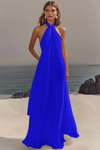Royal Blue Chiffon A Line Halter Pleated Long Graduation Dress