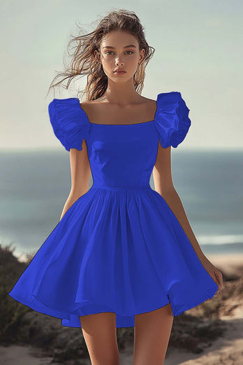 Black A Line Satin Mini Graduation Dress with Ruffles
