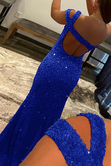 Royal Blue One Shoulder Sequins Prom Dress