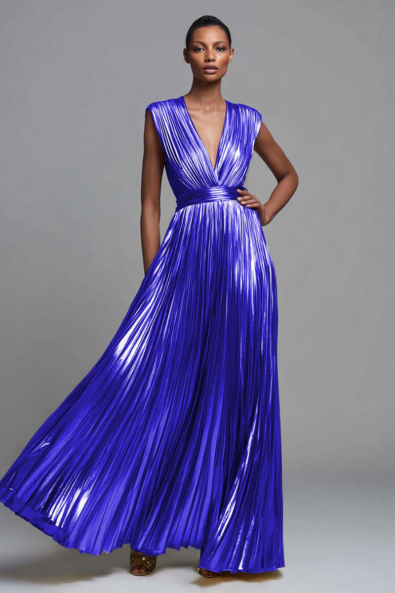Sparkly Gold A-Line Metallic Deep V-Neck Long Pleated Formal Dress
