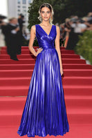 Load image into Gallery viewer, Royal Blue Metallic V-Neck A Line Pleated Long Formal Dress