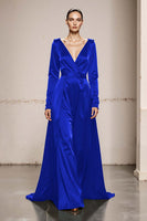 Load image into Gallery viewer, Peacock Green Satin V-Neck A Line Long Sleeves Formal Dress