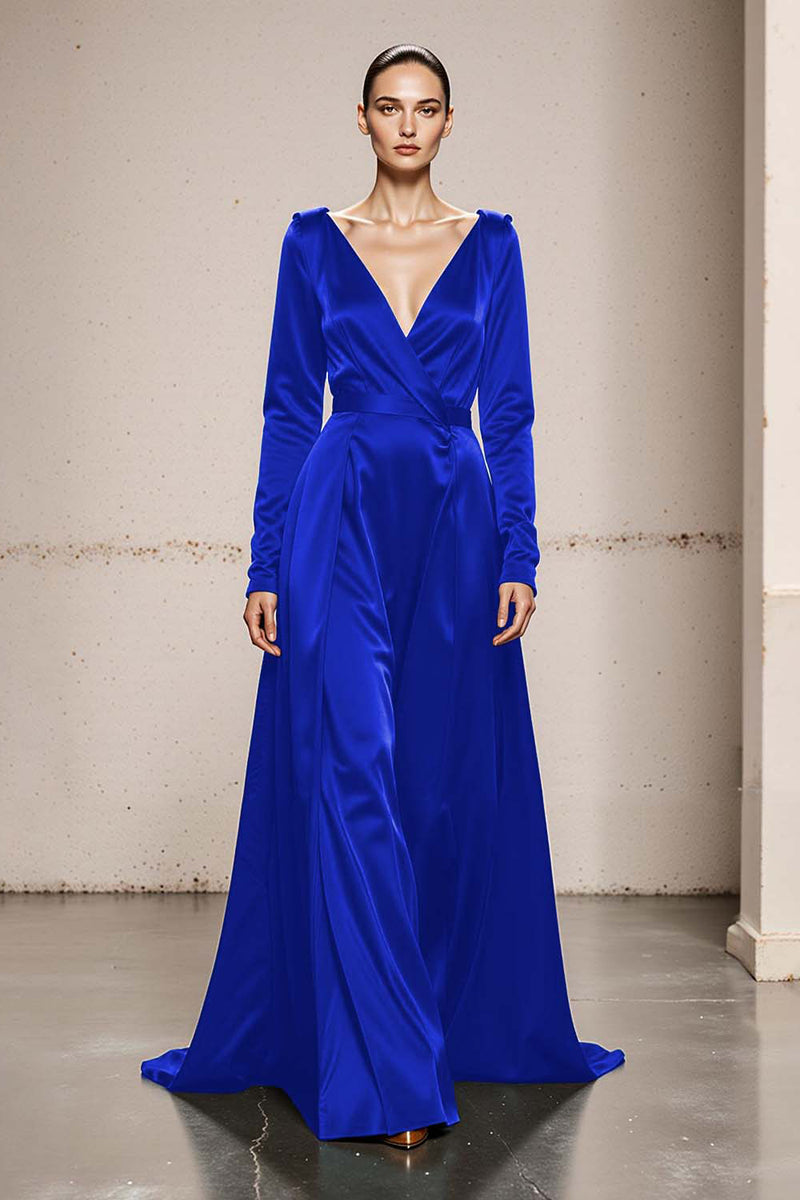 Load image into Gallery viewer, Peacock Green Satin V-Neck A Line Long Sleeves Formal Dress