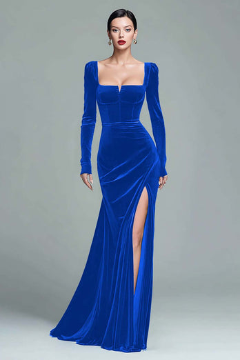 Dark Green Velvet Ruched Square Neck Long Holiday Party Dress with Slit