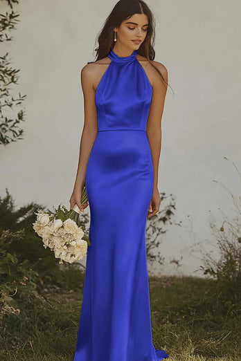Dusty Rose Satin Halter Sheath Long Bridesmaid Dress