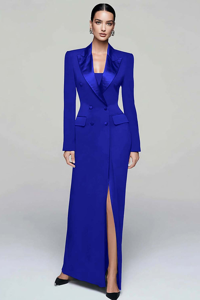 Load image into Gallery viewer, Queendancer Women Black Pencil Long Sleeves Blazer Dress with Slit Peak Lapel Double Breasted Coat Dress