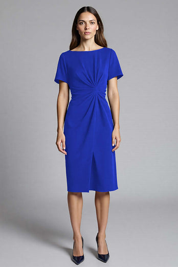 Royal Blue Bateau Neck Bodycon Ruched Midi Satin Work Dress
