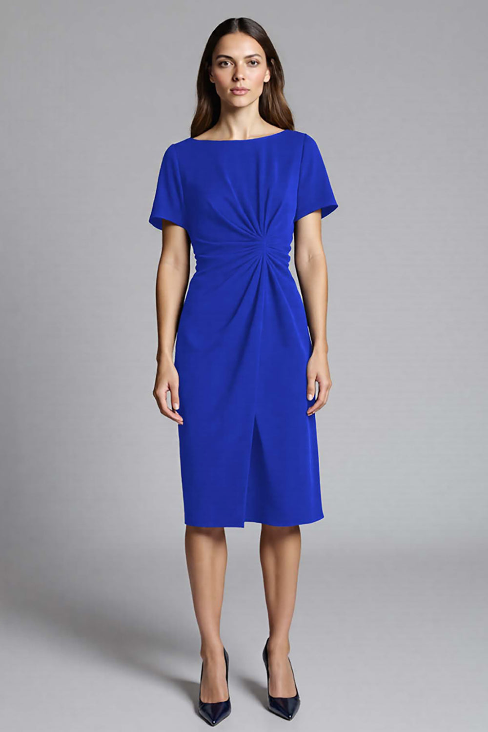 Royal Blue Bateau Neck Bodycon Ruched Midi Satin Work Dress