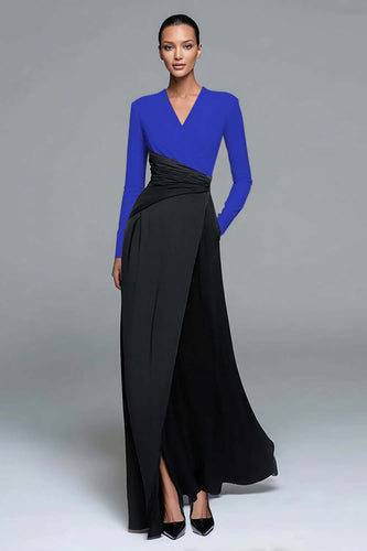 Royal Blue and Black Sheath Patchwork Long Formal Dress with Sleeves