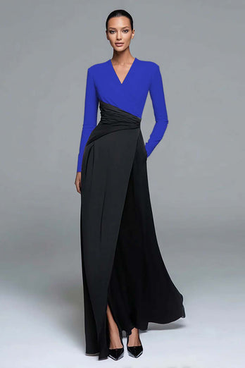 Royal Blue and Black Sheath Patchwork Long Formal Dress with Sleeves