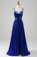Load image into Gallery viewer, Glitter Royal Blue A Line Spaghetti Straps Long Mirror Prom Dress With Slit