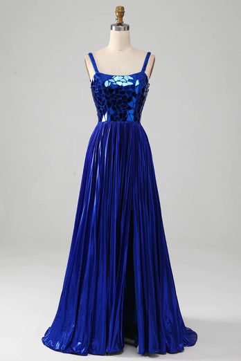 Glitter Royal Blue A Line Spaghetti Straps Long Mirror Prom Dress With Slit
