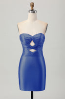 Load image into Gallery viewer, Queendancer Women Sparkly Red Tight Short Homecoming Dress with Keyholes Beaded Sweetheart Strapless Lace Up Back Satin Cocktail Dress