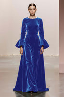 Load image into Gallery viewer, Dark Green Velvet A Line Round Neck Long Sleeves Formal Dress