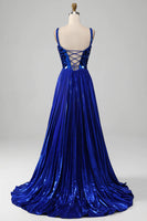 Load image into Gallery viewer, Glitter Royal Blue A Line Spaghetti Straps Long Mirror Prom Dress With Slit