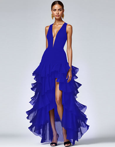 A Line Royal Blue Sleeveless V-Neck Tiered Long Formal Dress with Slit