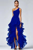 Load image into Gallery viewer, Black Organza One Shoulder High Low Formal Dress with Ruffles