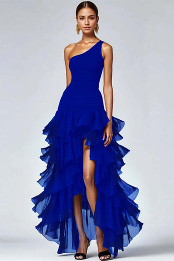 Black Organza One Shoulder High Low Formal Dress with Ruffles