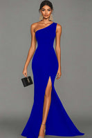 Load image into Gallery viewer, Black Mermaid One Shoulder Satin Long Formal Dress with Slit