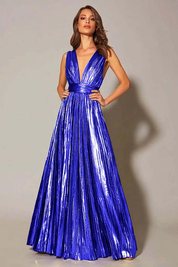 Sparkly Metallic Gold A-Line Pleated V-Neck Long Formal Dress