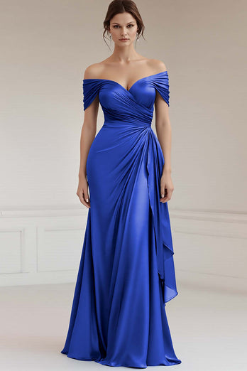 Peacock Sheath Satin Off the Shoulder Long Formal Dress