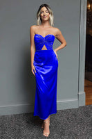 Load image into Gallery viewer, Dark Navy Satin Sweetheart Cut Out Sheath Long Formal Dress